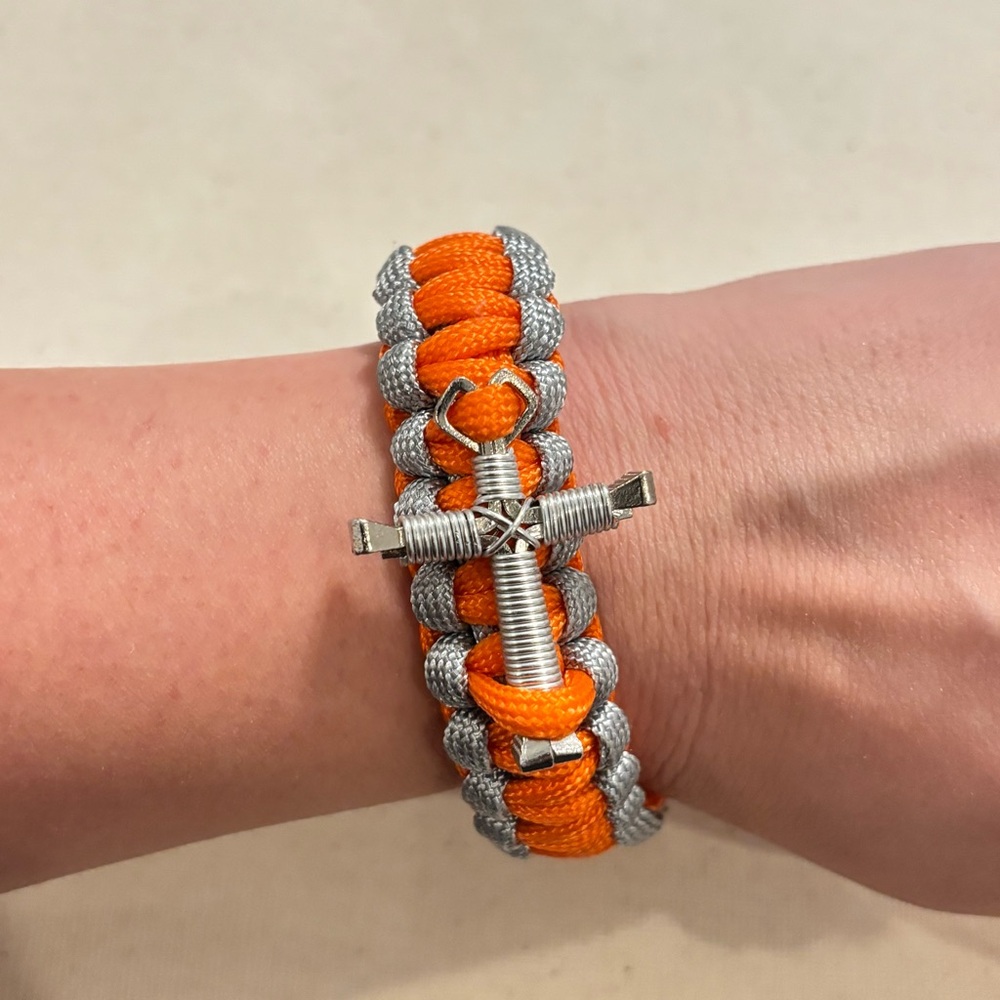 5/$25 Paracord Survival Bracelet with Silver Cross - Orange/Gray